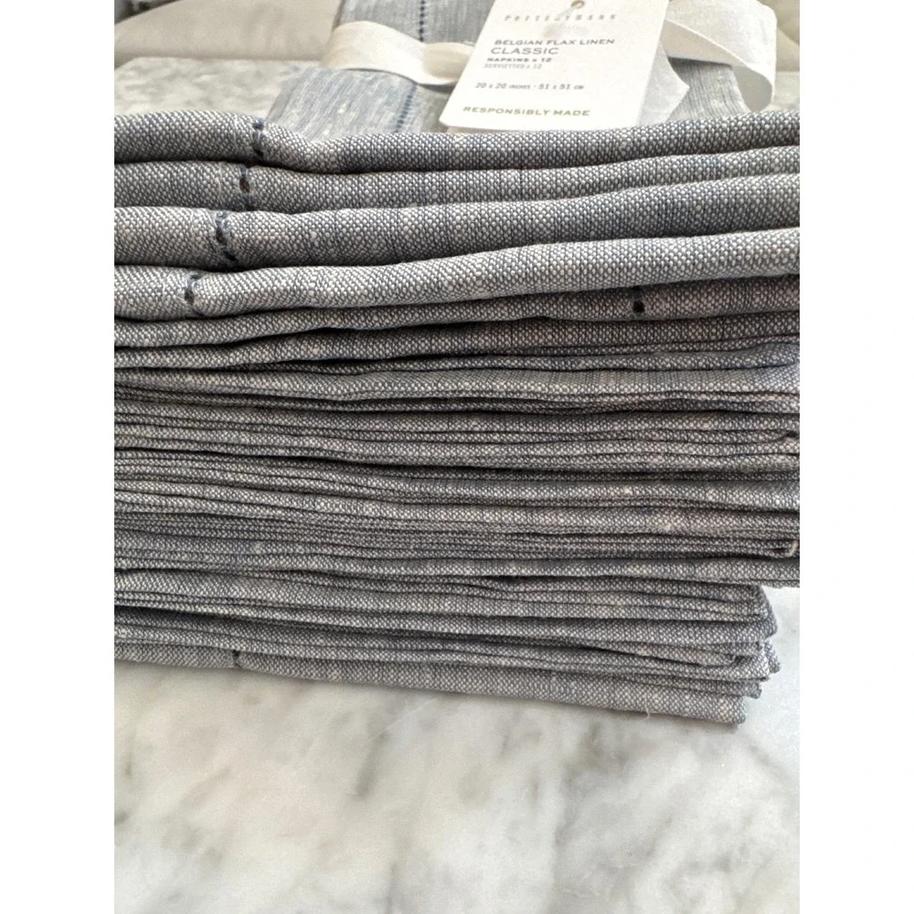 Pottery Barn Belgian Flax Linen Napkins Set /12 Chambray Hemstitch 20x20
